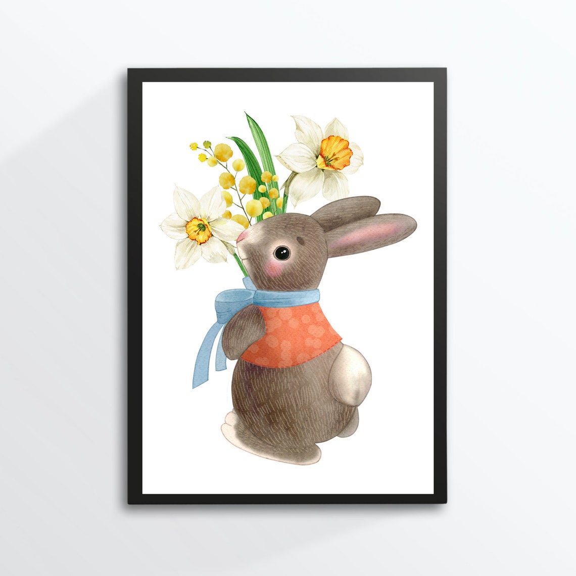 Easter Bunny With Daffodils Spring Flowers Watercolor Art Print - Image 2