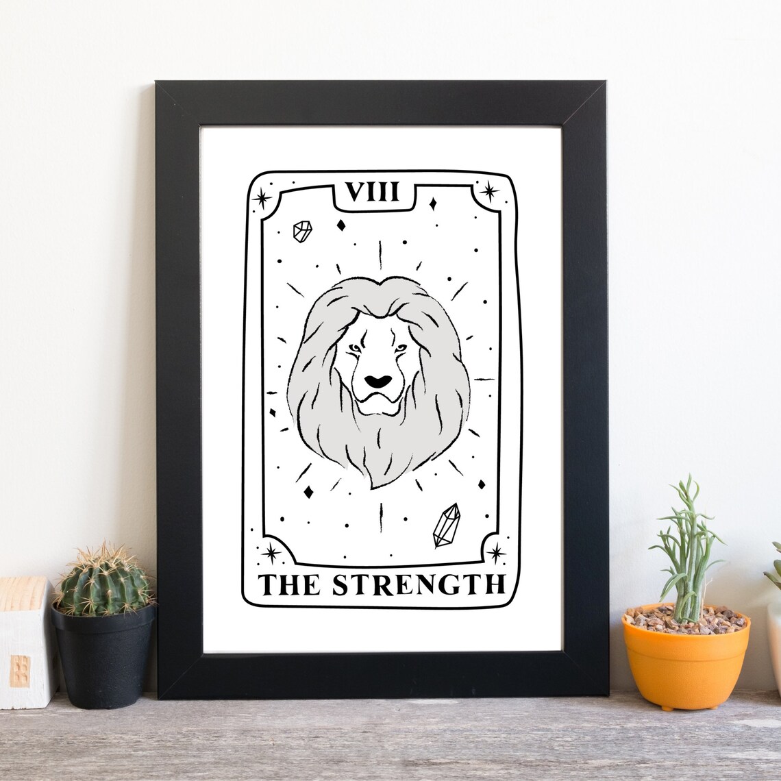 The Strength Tarot Card VIII Lion Line Art Black White Esoteric Wall Poster