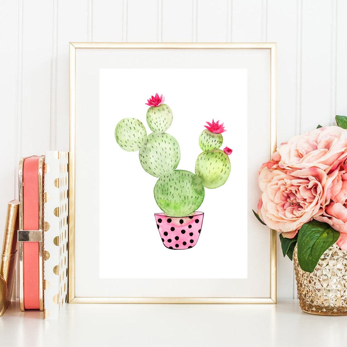 Blooming Prickly Pear Cactus Pink Polka Dot Pot Watercolor Poster