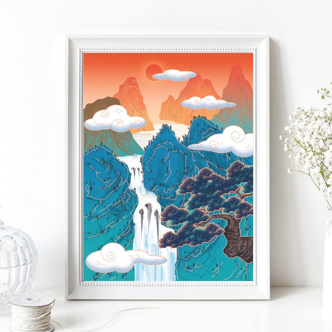 Colorful Asian Waterfall Mountain Sunset Pine Tree Ink Style Poster