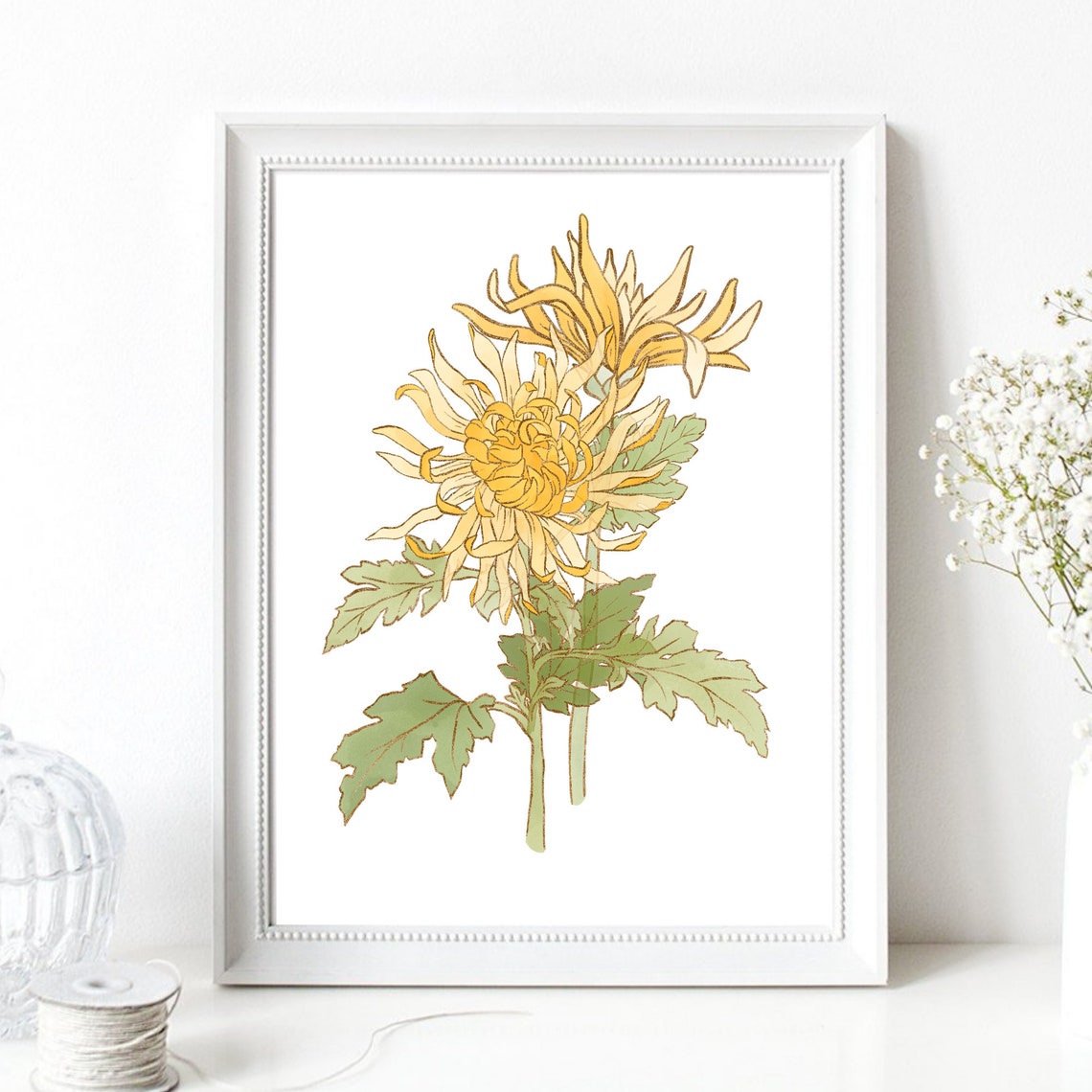 Yellow Chrysanthemum Flower Vintage Botanical Illustration Wall Art - Image 2
