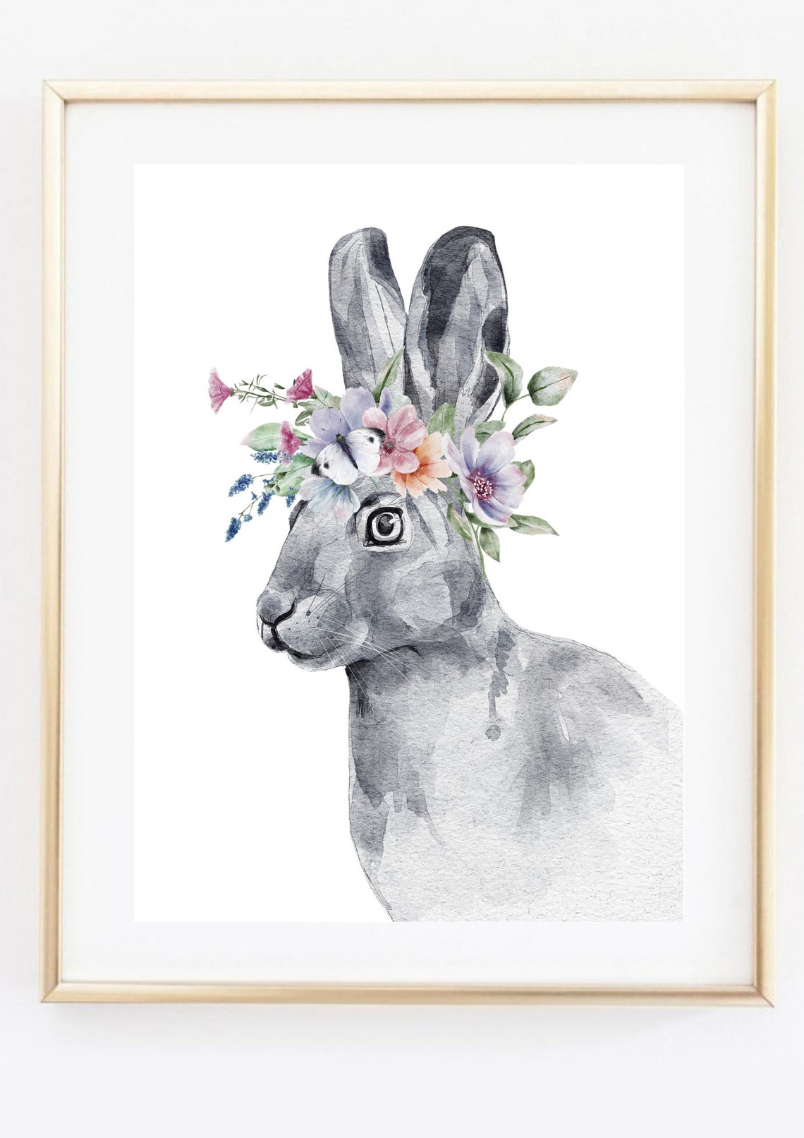Grey Rabbit With Pastel Flower Wreath Watercolor Bunny Wall Art Poster - Image 3