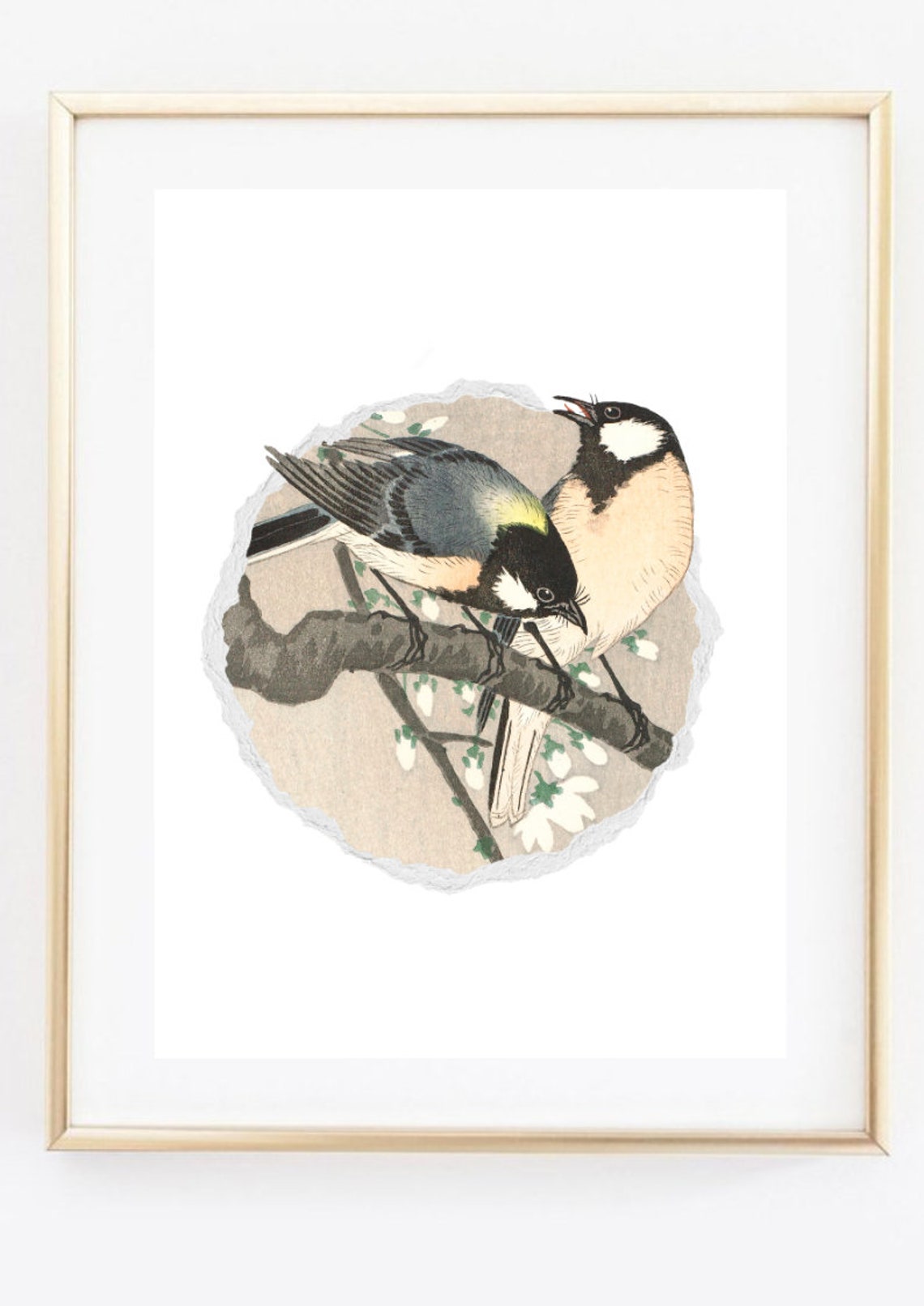 Two Tit Birds Blossom Branch Japanese Woodblock Style Circle Art Print - Image 3