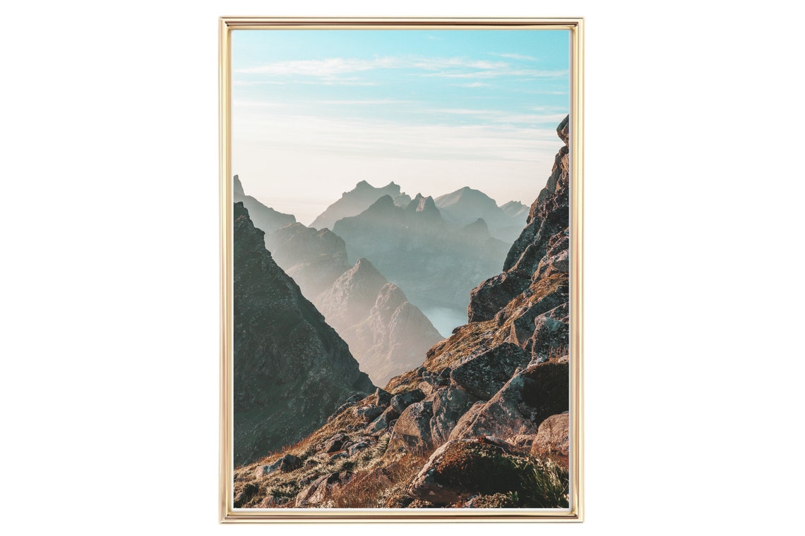 Sunlit Rocky Mountain Peaks with Misty Valley View Wall Art Poster - Image 2