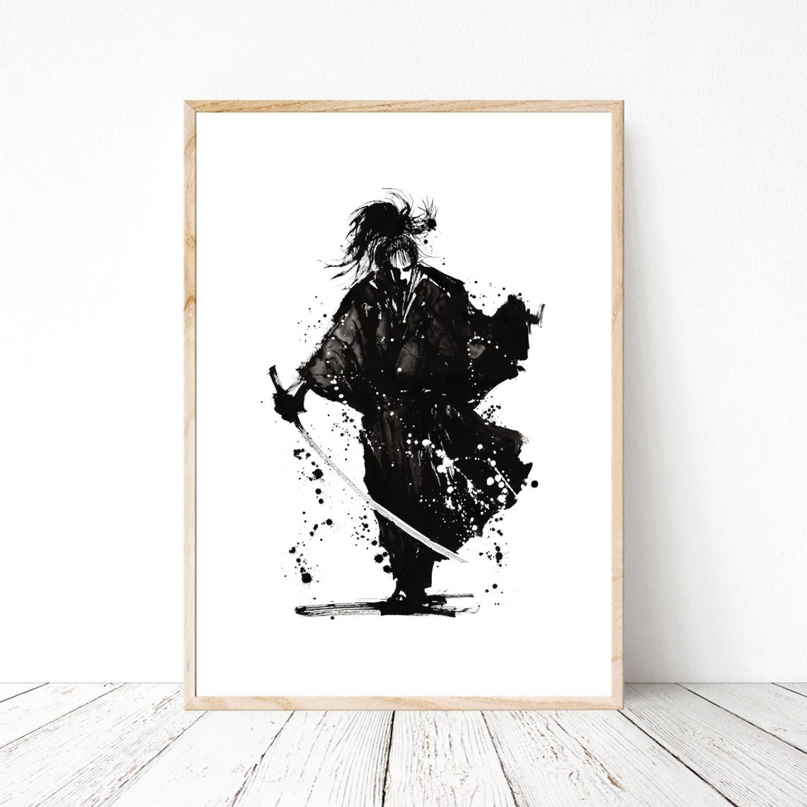 Samurai Warrior Ink Painting With Sword Black Brush Stroke Poster