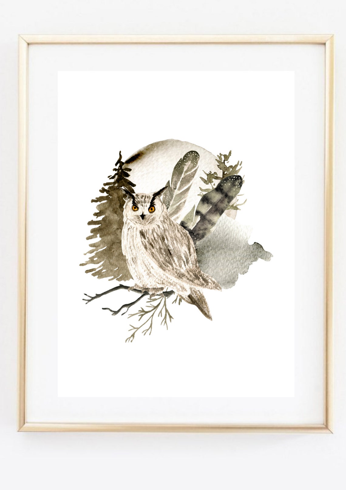 Long Eared Owl Watercolor Perched Branch Moonlit Forest Art Print