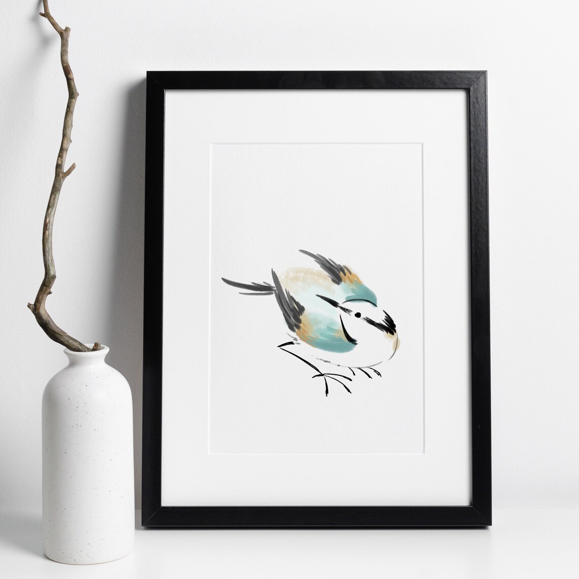 Minimalist Ink Bird Painting Turquoise Beige Nature Watercolor Poster
