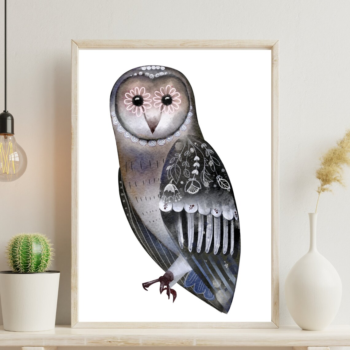 Ornate Watercolor Barn Owl with Floral Feather Detail Art Print Poster