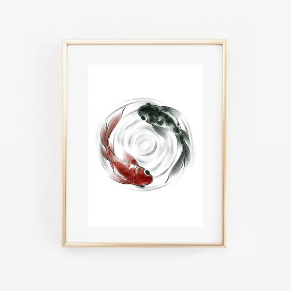 Koi Fish Yin Yang Circle Black Red Japanese Zen Watercolor Wall Art