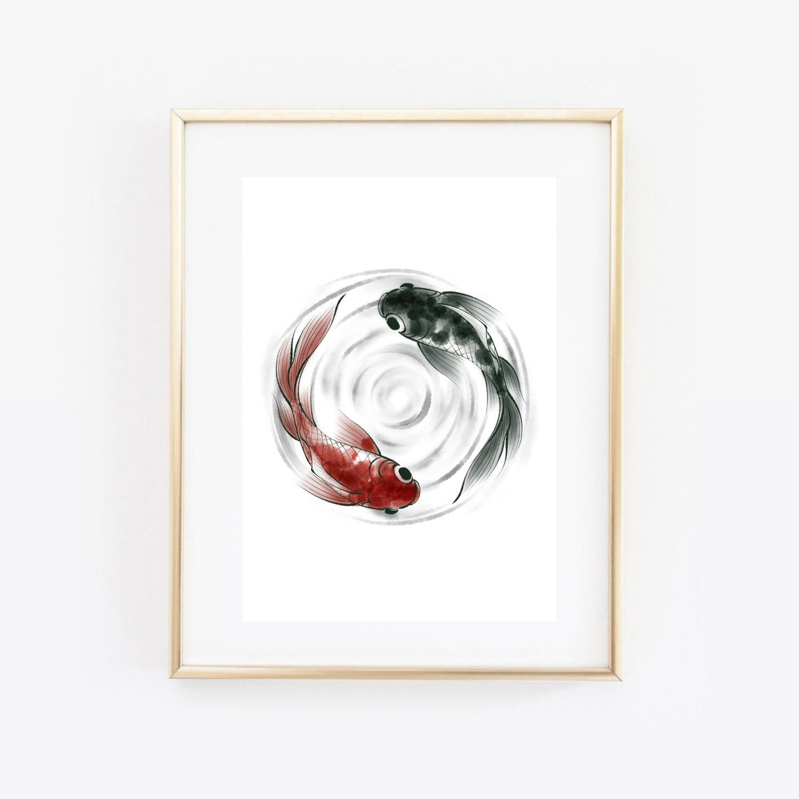 Koi Fish Yin Yang Circle Black Red Japanese Zen Watercolor Wall Art