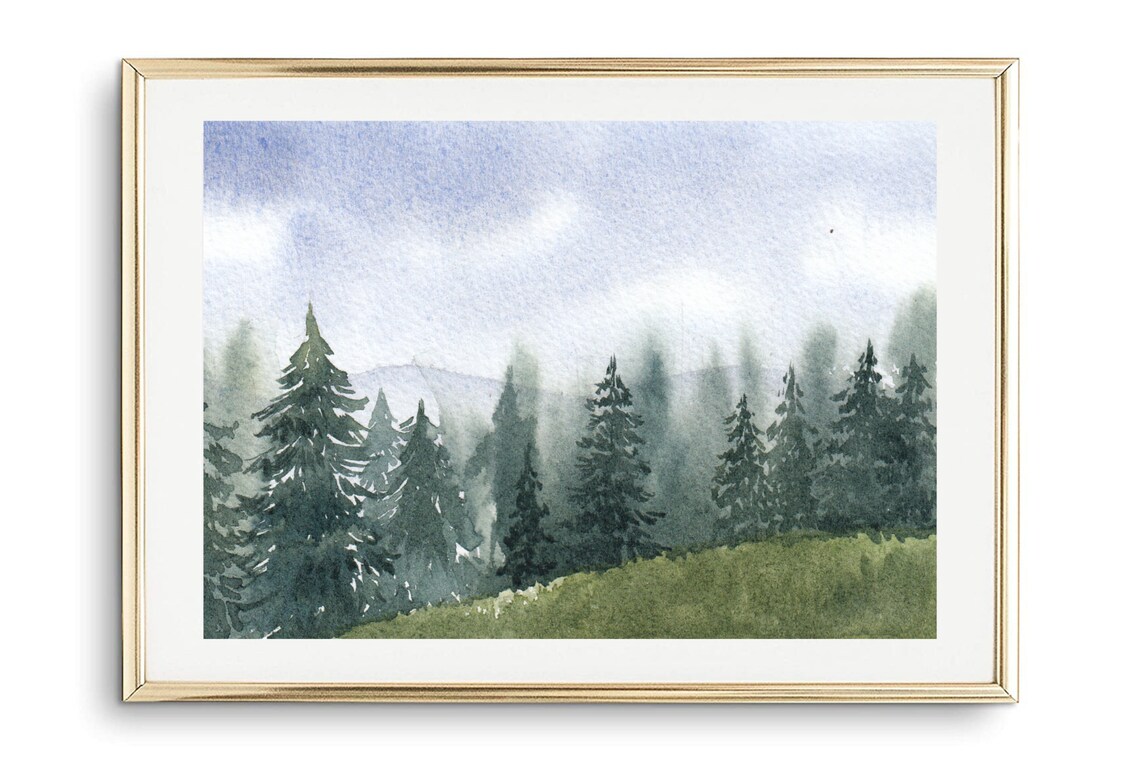 Misty Fir Forest Watercolor Landscape Pines Nature Art Poster - Image 2