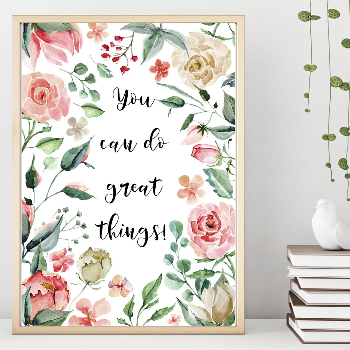 You Can Do Great Things Floral Wreath Script Quote Motivational Poster - Image 2