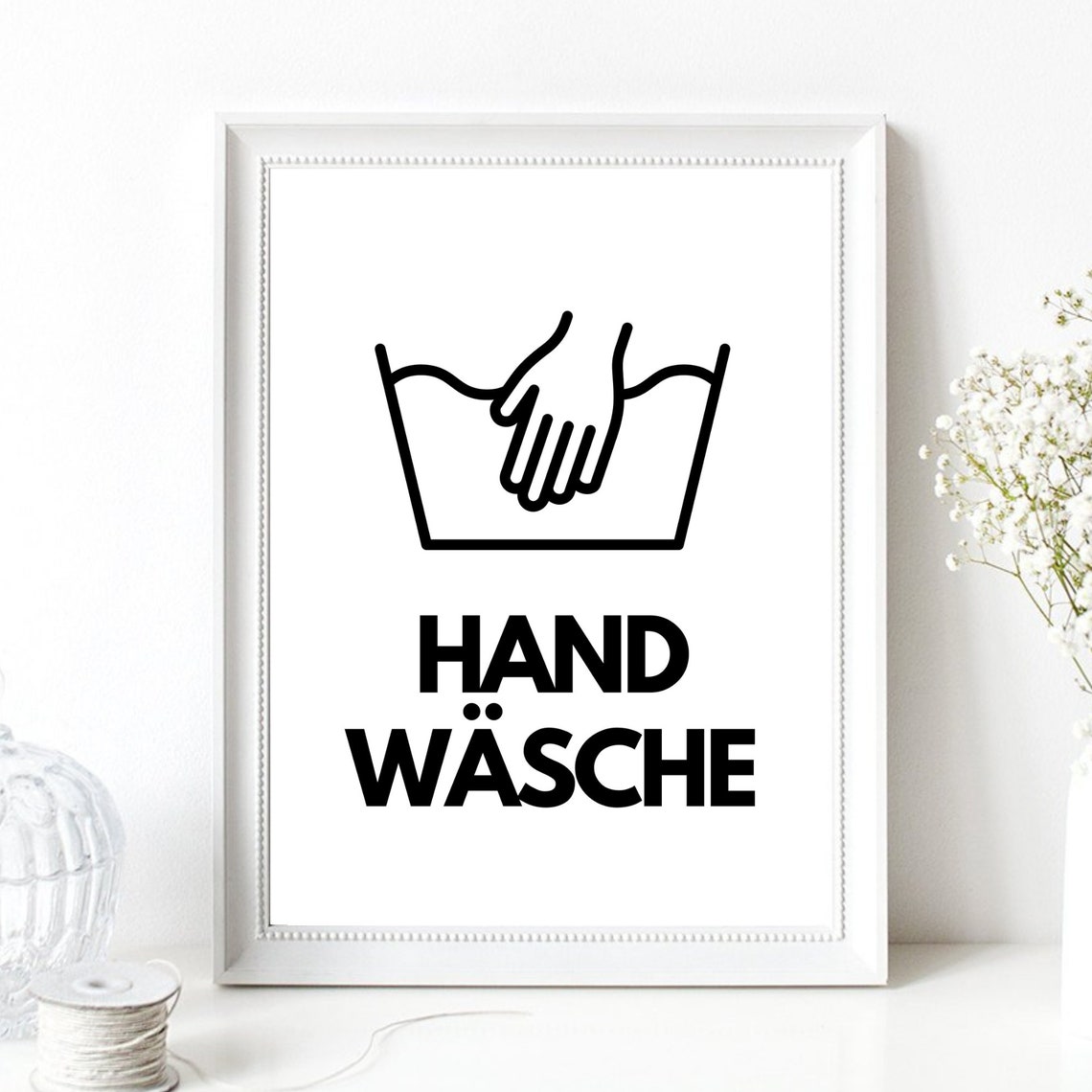 Hand Wash Laundry Care Symbol Black White Bathroom Sign Wall Art - Image 3