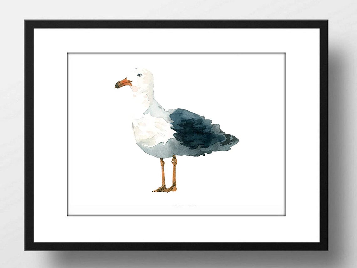 Standing Seagull Portrait Watercolor Coastal Nautical Bird Poster
