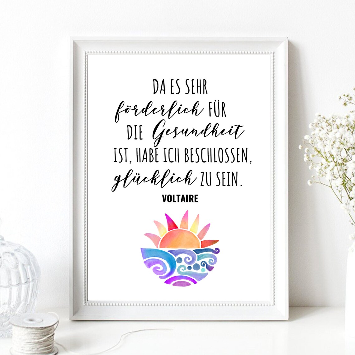 Voltaire Health Happiness Quote Colorful Watercolor Sun Wall Art Print - Image 3