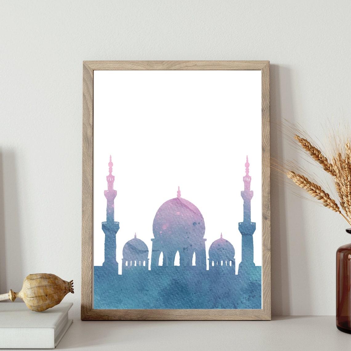 Blue Mosque Dome Minaret Silhouette Watercolor Islamic Wall Art Poster - Image 2