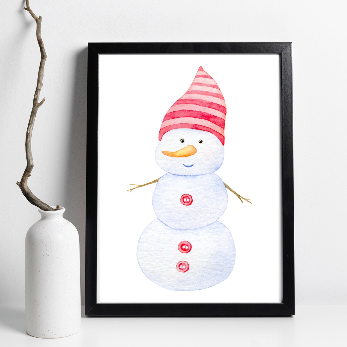 Cute Snowman Watercolor Red Striped Hat Christmas Holiday Wall Poster - Image 3