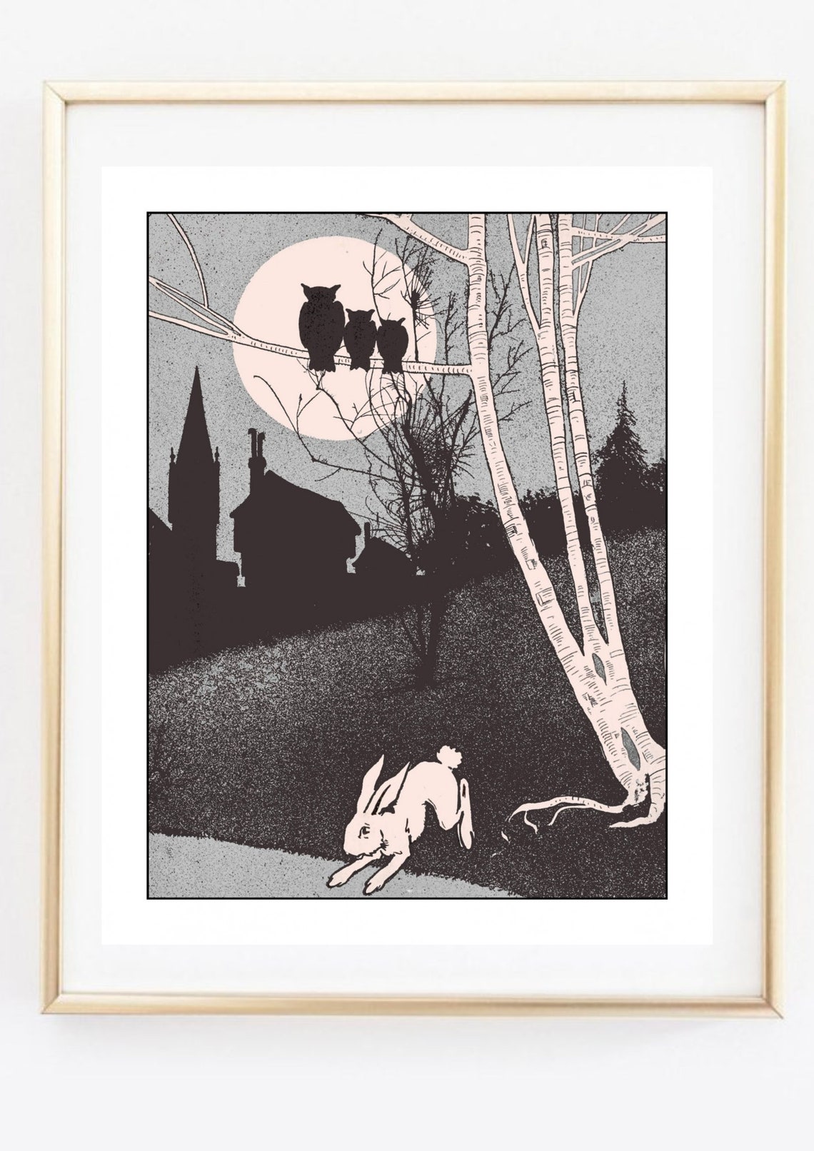Vintage Night Owls Full Moon White Rabbit Retro Forest Wall Art Print - Image 3
