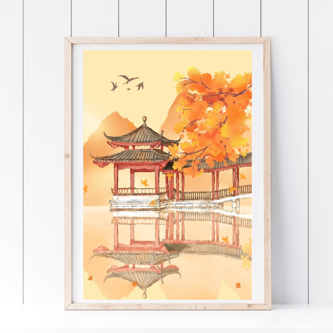 Asian Pagoda Autumn Lake Reflection Temple Japan Travel Poster