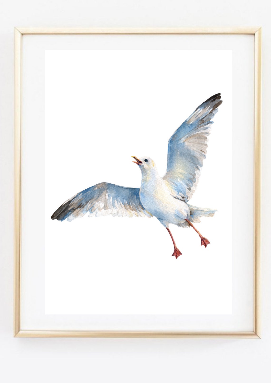 Flying Screeching Seagull Watercolor Coastal Bird Nautical Poster - Image 2