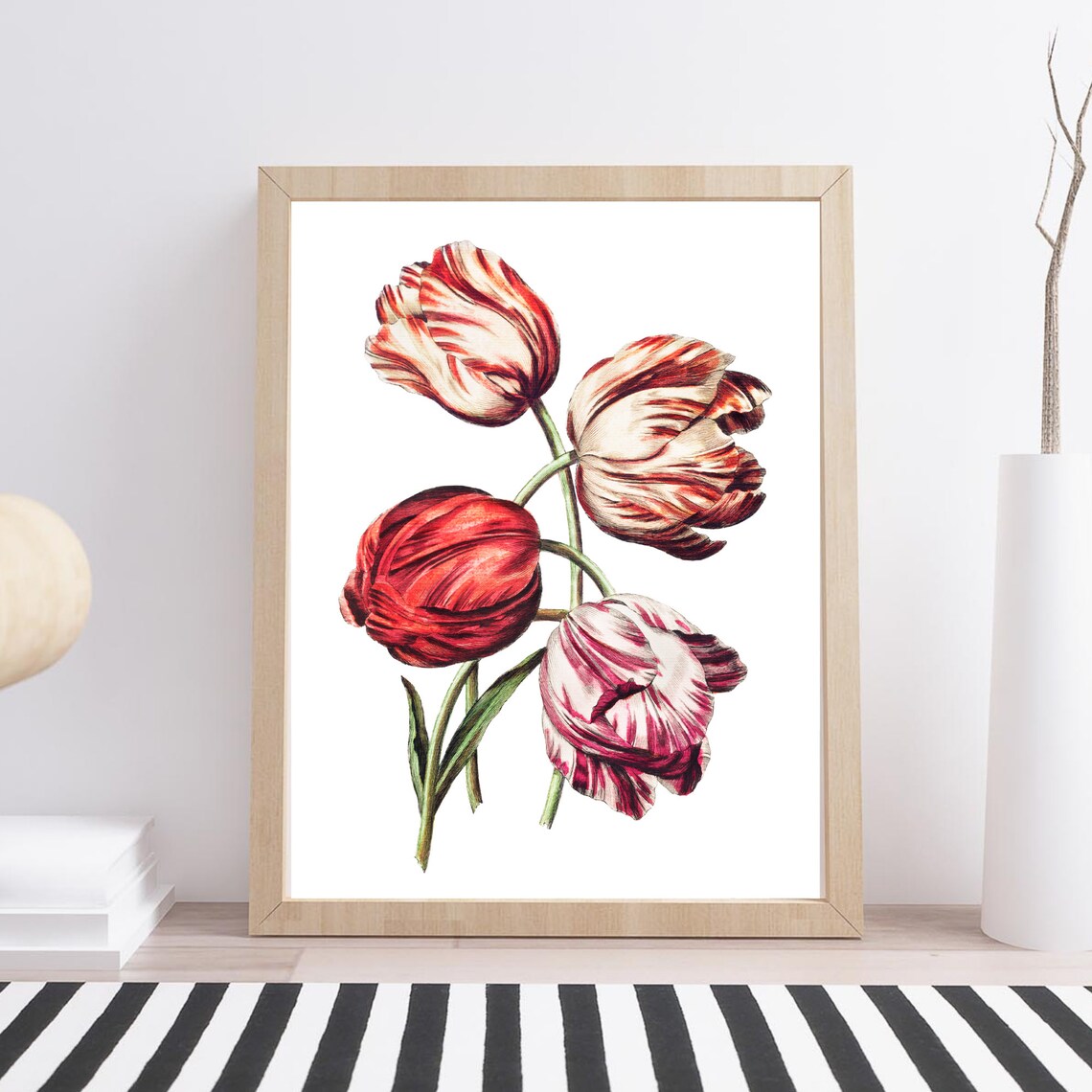Red Striped Rembrandt Tulips Vintage Botanical Illustration Art Print - Image 2