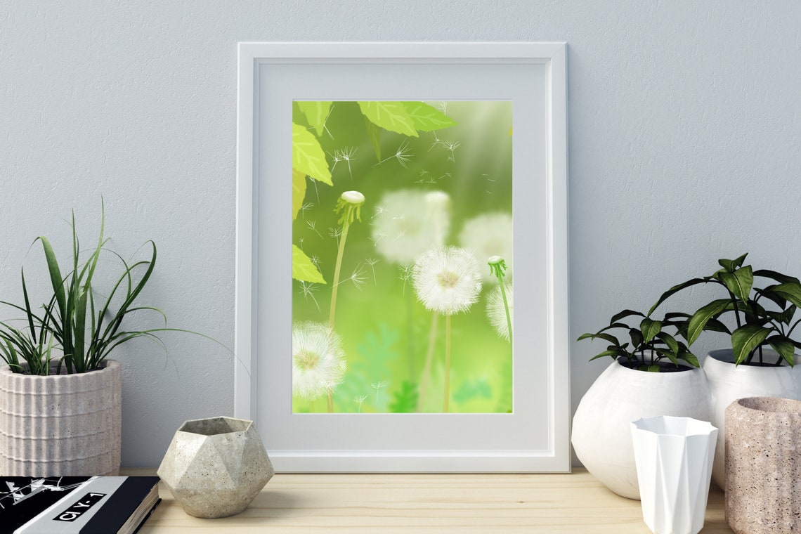 Dandelion Meadow Sunbeams Green Nature Soft Botanical Wall Art