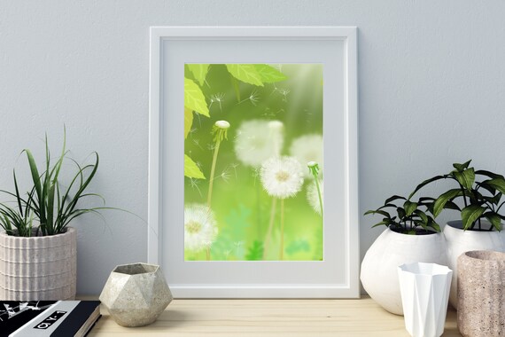 Dandelion Meadow Sunbeams Green Nature Soft Botanical Wall Art
