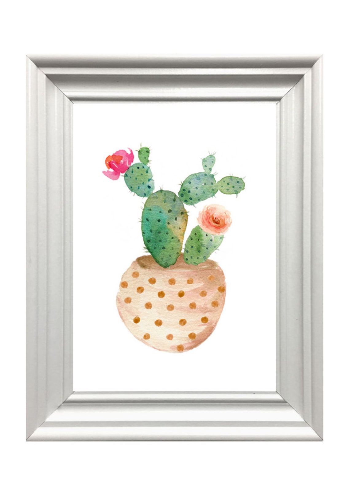Blooming Prickly Pear Cactus Gold Dotted Pot Watercolor Art Print - Image 3