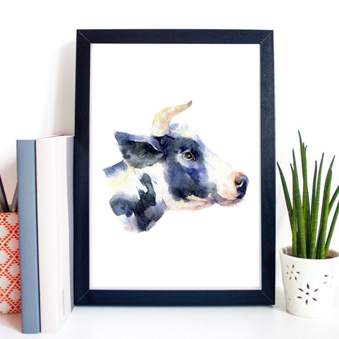Black White Bull Cow Head Watercolor Farm Animal Portrait Art Print - Image 2