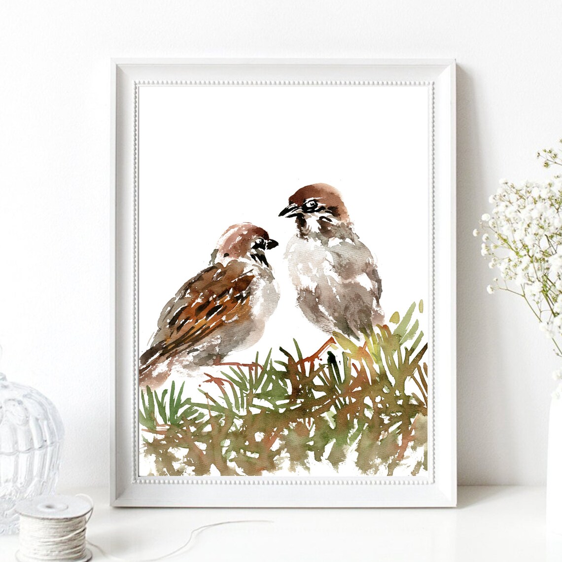 Two Sparrows Watercolor Painting Birds Grass Nature Bird Art Poster