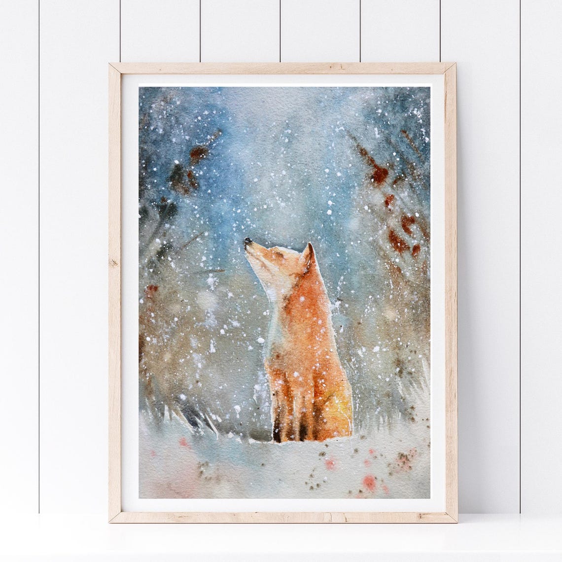 Red Fox in Snowy Winter Forest Watercolor Wildlife Fine Art Wall Art