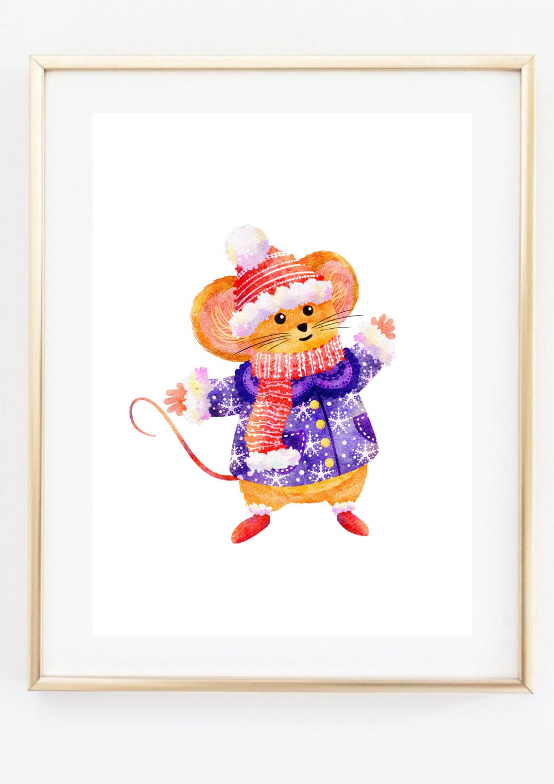 Cute Christmas Mouse Winter Clothes Watercolor Holiday Kids Art Poster - Image 2