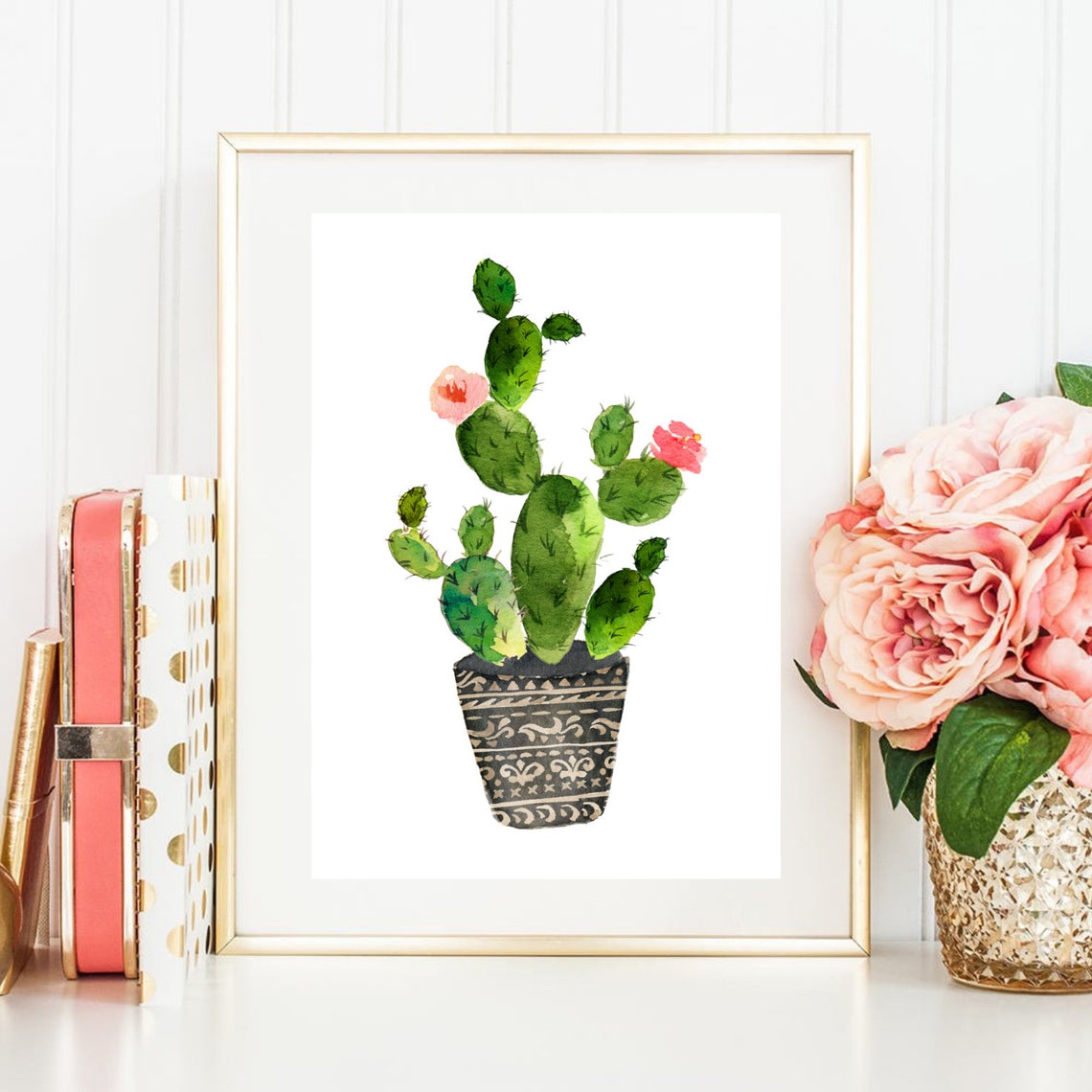 Prickly Pear Cactus Watercolor Poster Botanical Plant in Patterned Pot