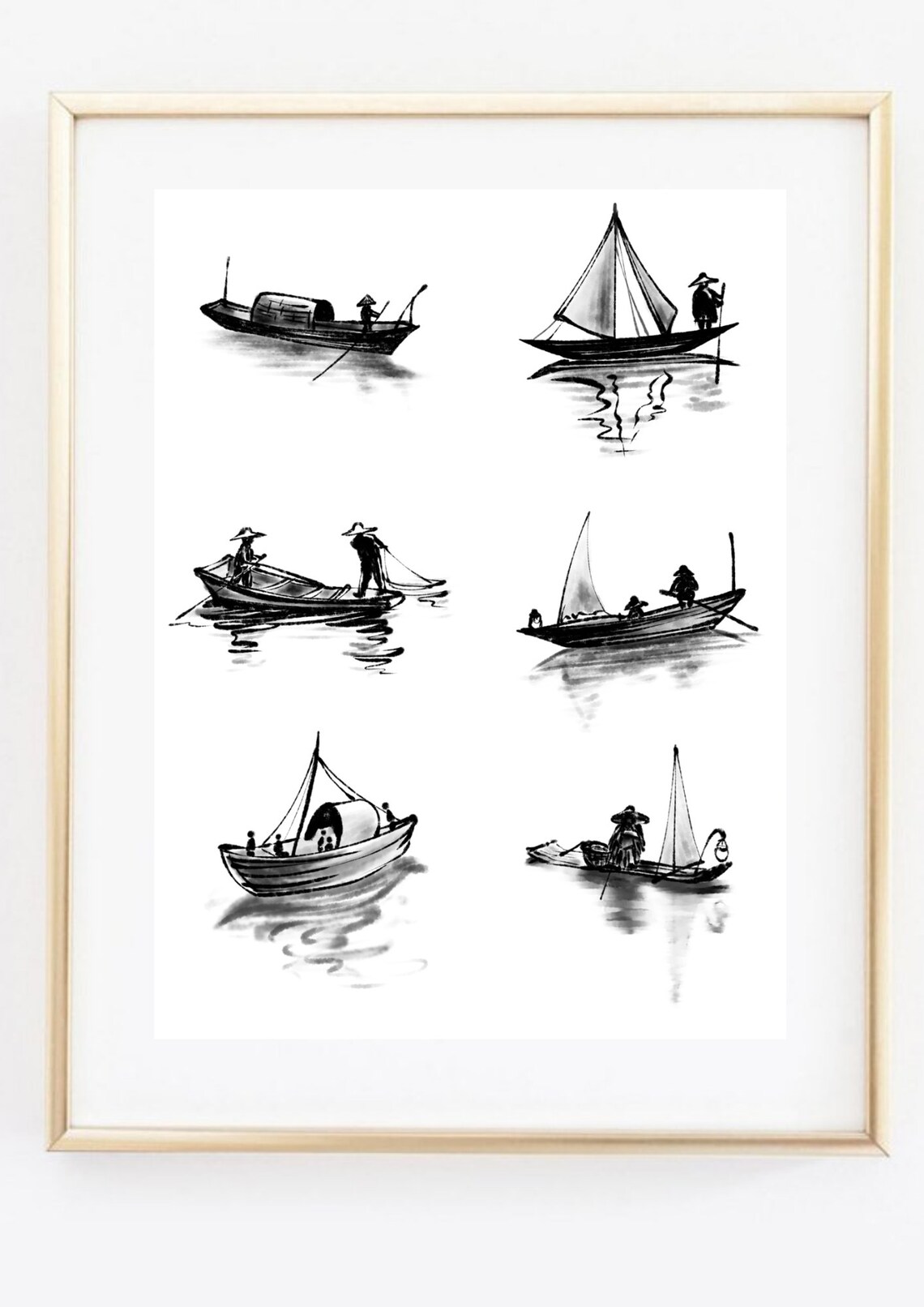 Six Asian Fishing Boats Ink Wash Fishermen Water Scene Poster - Image 2