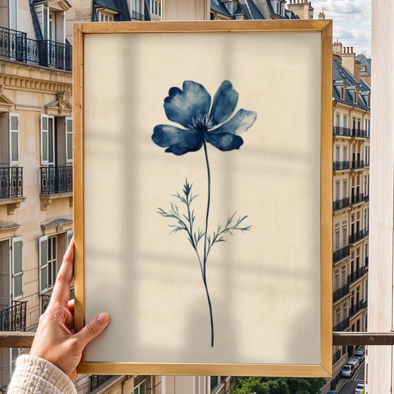 Navy Blue Floral Wall Art Minimalist Botanical Print