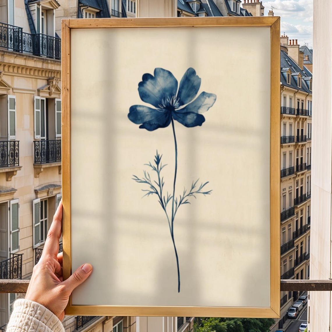 Navy Blue Floral Wall Art Minimalist Botanical Print