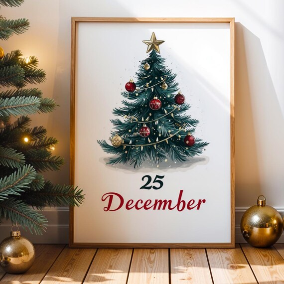 25 December Christmas Tree Watercolor Festive Holiday Decor Poster