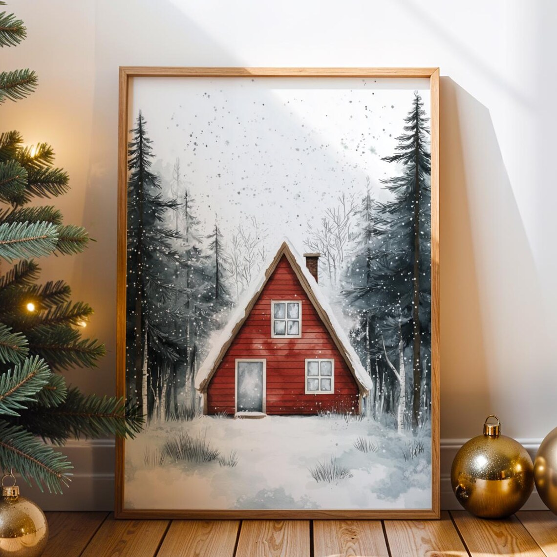 Rustic Red A Frame Cabin Snowy Winter Forest Watercolor Christmas Poster