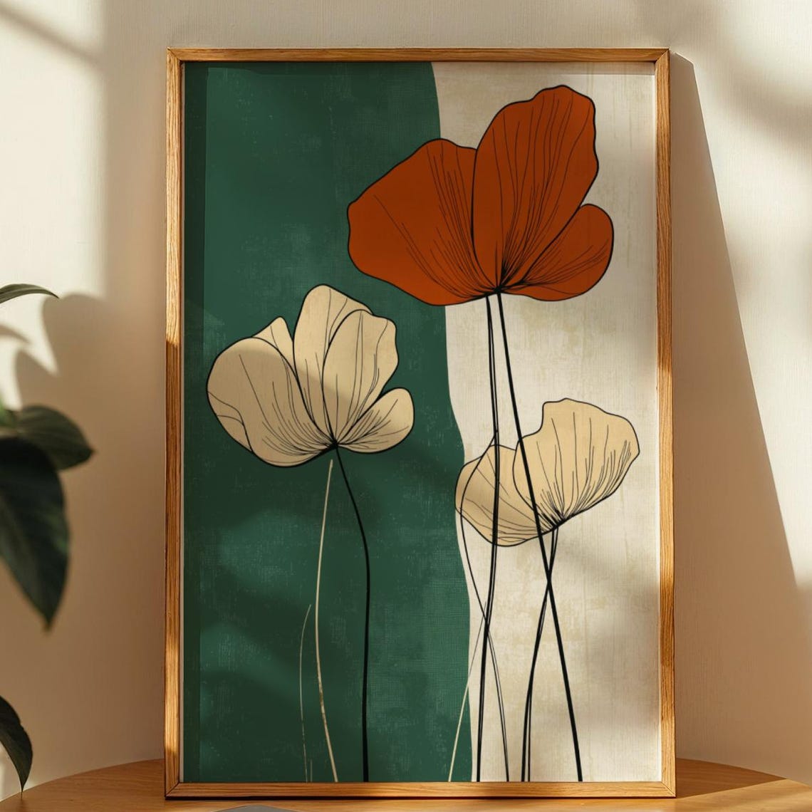 Emerald Green Botanical Line Art Print Minimalist Floral Boho Decor