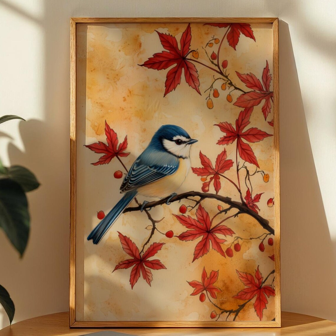 Blue Tit Bird among Red Autumn Leaves Watercolor Folk Art Print