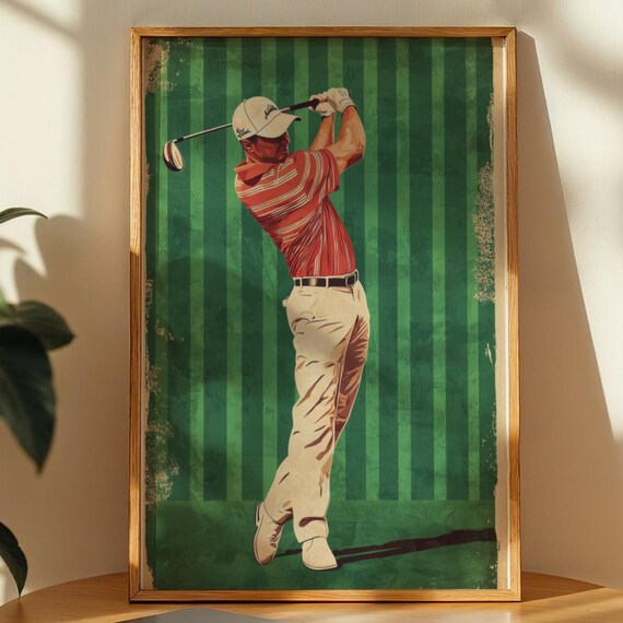 Retro Golfer Mid Swing Vintage Sports Illustration Green Wall Art