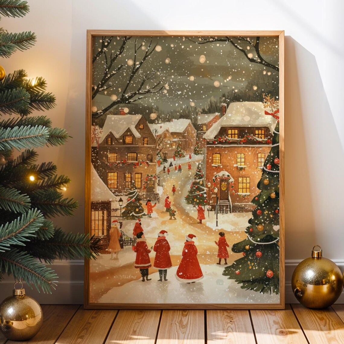 Vintage Christmas Village, Festive Street Scene Print