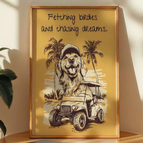 Golden Retriever Golf Cart Art Print Humorous Dog Lover Gift