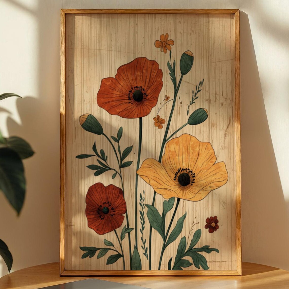 Vintage Rustic Wildflower Poppy Farmhouse Orange Botanical Poster