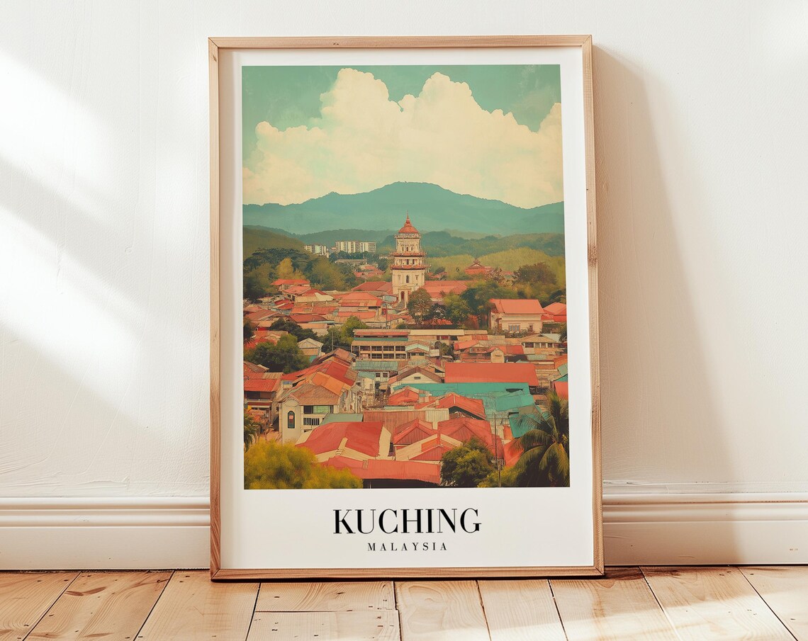 Kuching Malaysia Red Roof Old Town Tower Mountain Travel Poster