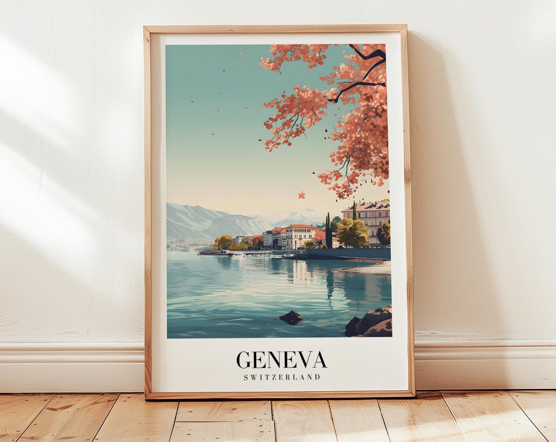 Geneva Switzerland Lake Waterfront Blooming Tree Retro Travel Poster