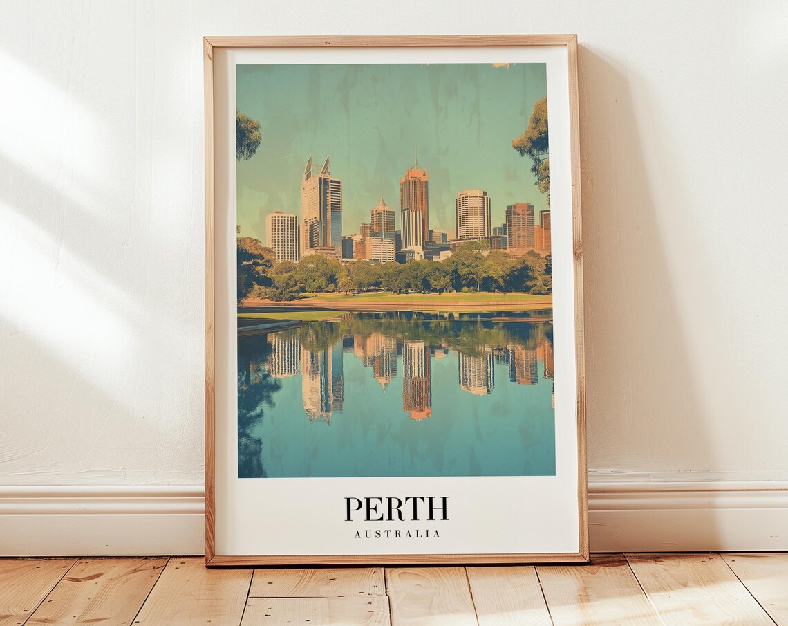 Perth Australia Riverside Skyline Vintage Warm Minimalist Serene Travel Poster