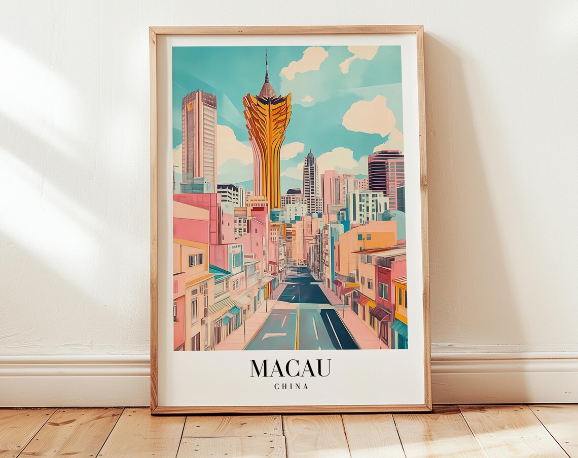 Macau China Grand Lisboa Tower Street Scene Vintage Travel Poster