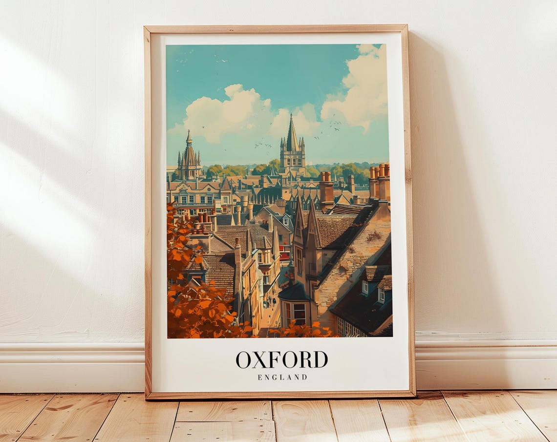 Oxford England University Spires Skyline Autumn Vintage Travel Poster