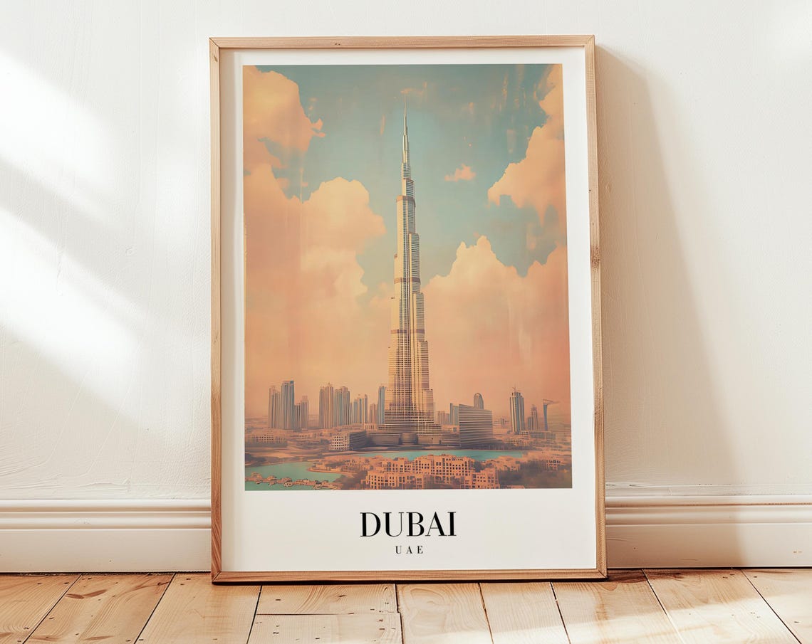 Dubai UAE Burj Khalifa Skyline Sunset Vintage Travel Poster Decor